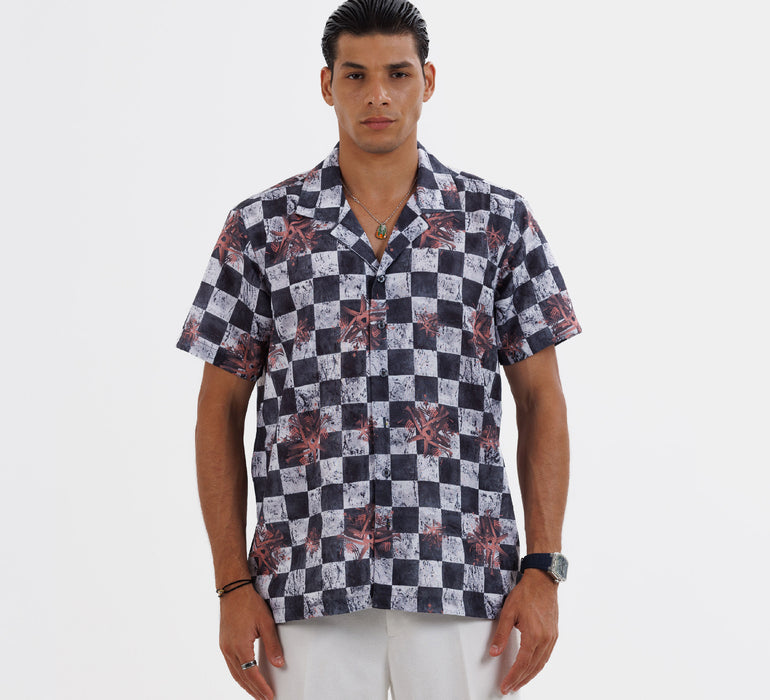 The "Astral Dynasty" Cuban Collared Shirt - Charcoal