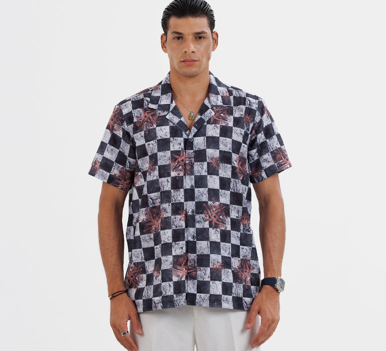 The "Astral Dynasty" Cuban Collared Shirt - Charcoal